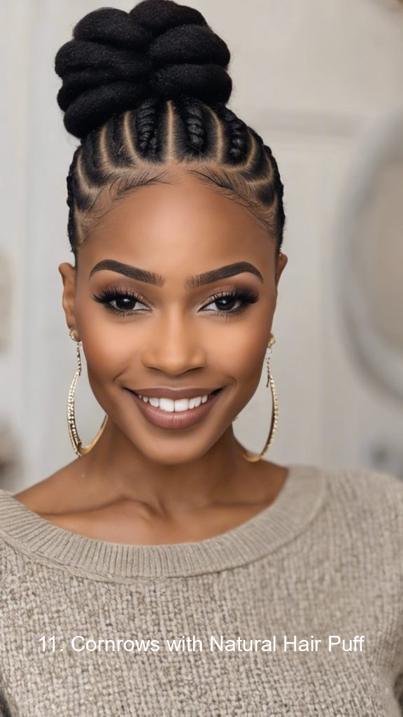 11. Cornrows with Natural Hair Puff