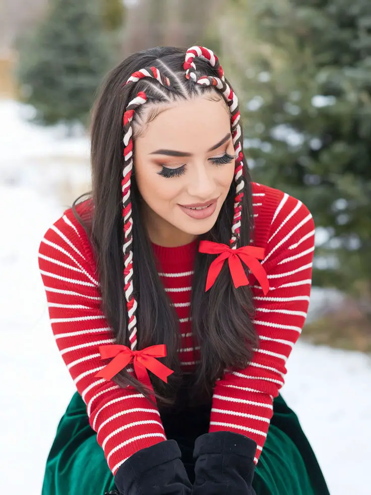 10. Candy Cane Braided Pigtails: Playful and Fun