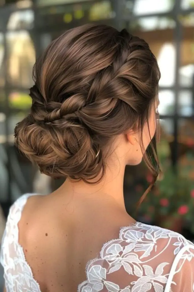 12. Braided Low Bun with Soft Curls