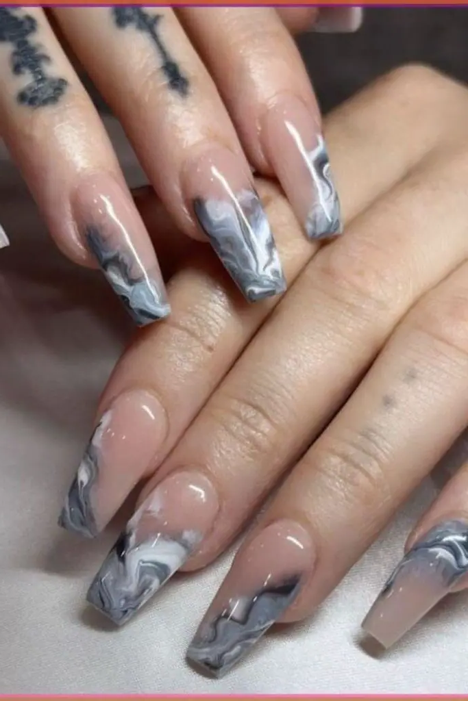 Silver Swirl Marble Nails