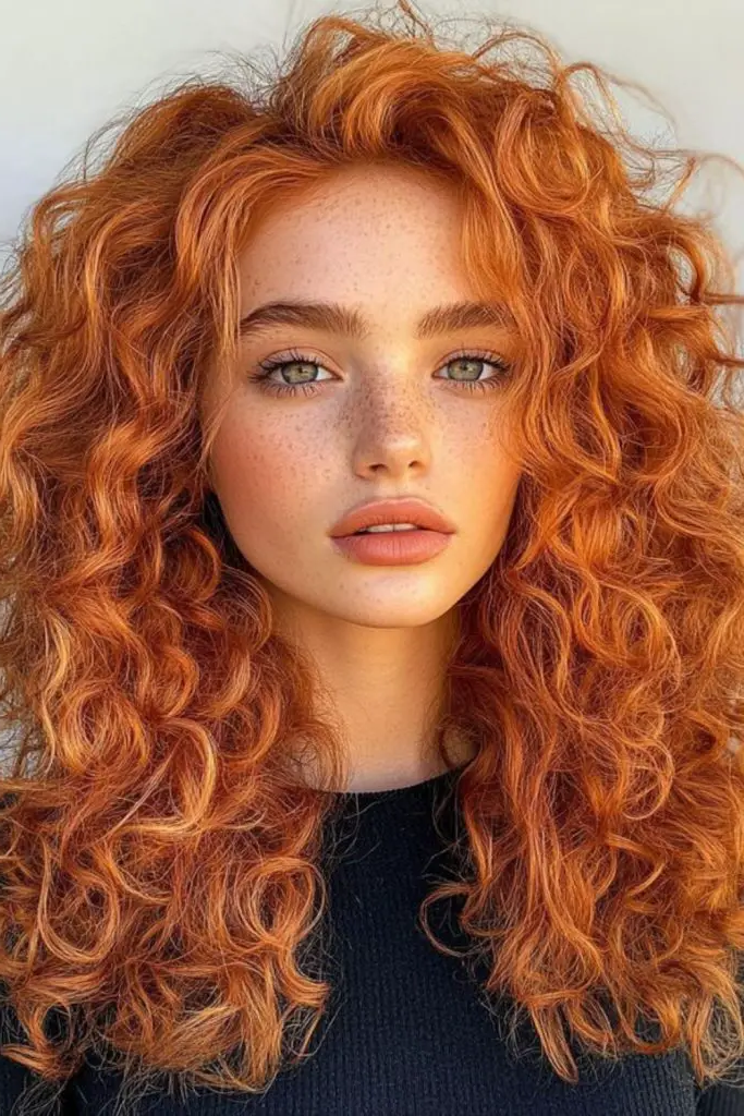 Rich Copper Curls with Face-Framing Blonde Pieces