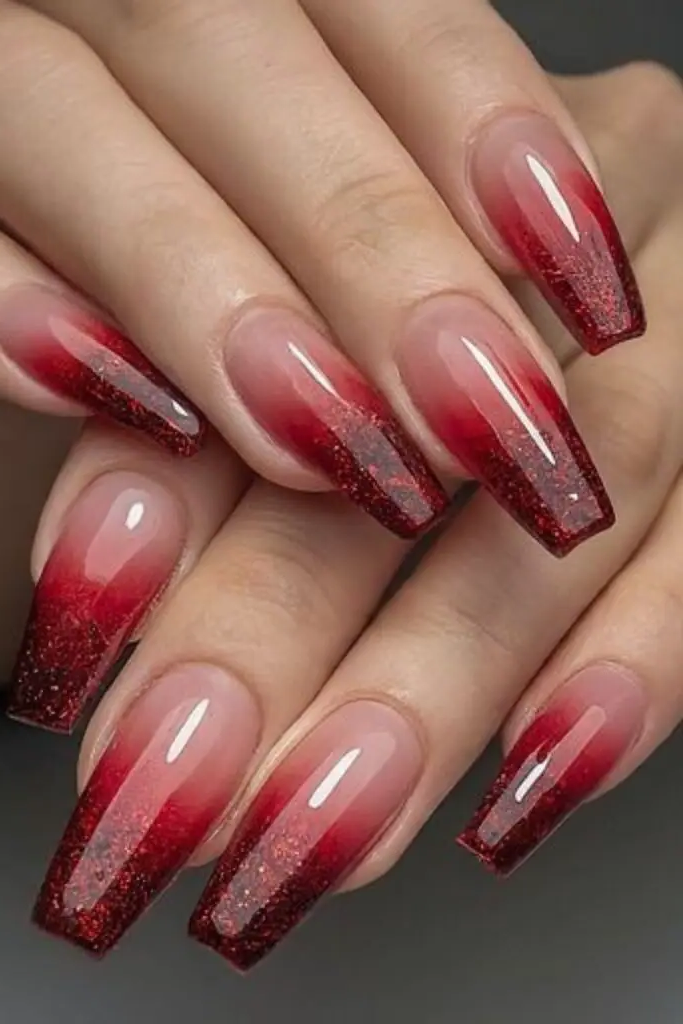 Ruby Red Glitter Tips Nail Design
