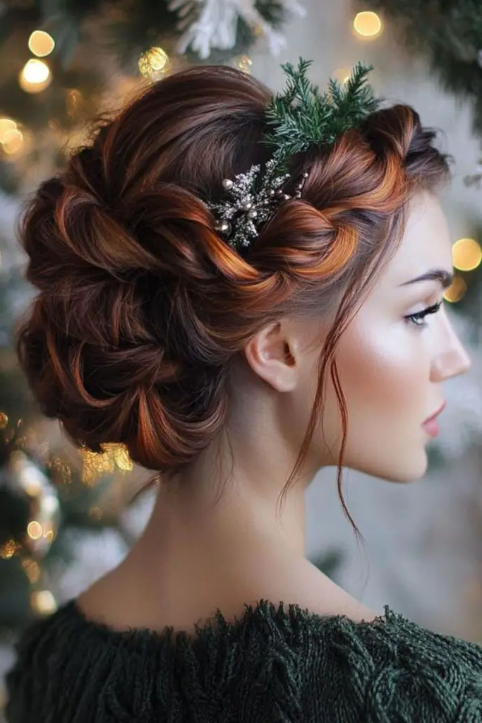 15. Holly-Accented Braided Updo: Cozy Holiday Charm