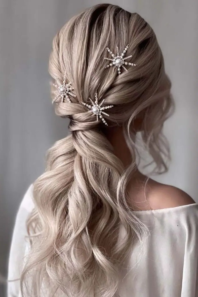 Curled Low Ponytail with Silver Accents
