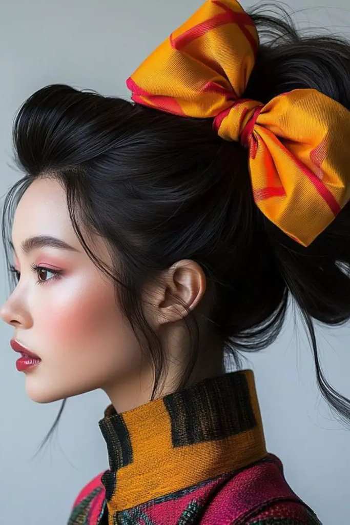 Festive Ribbon Bow Bun Hairstyle