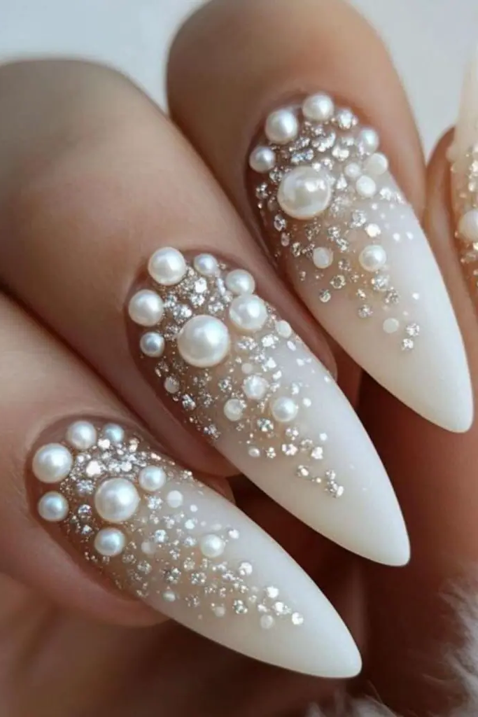 Elegant White Nails with Pearl Detailing