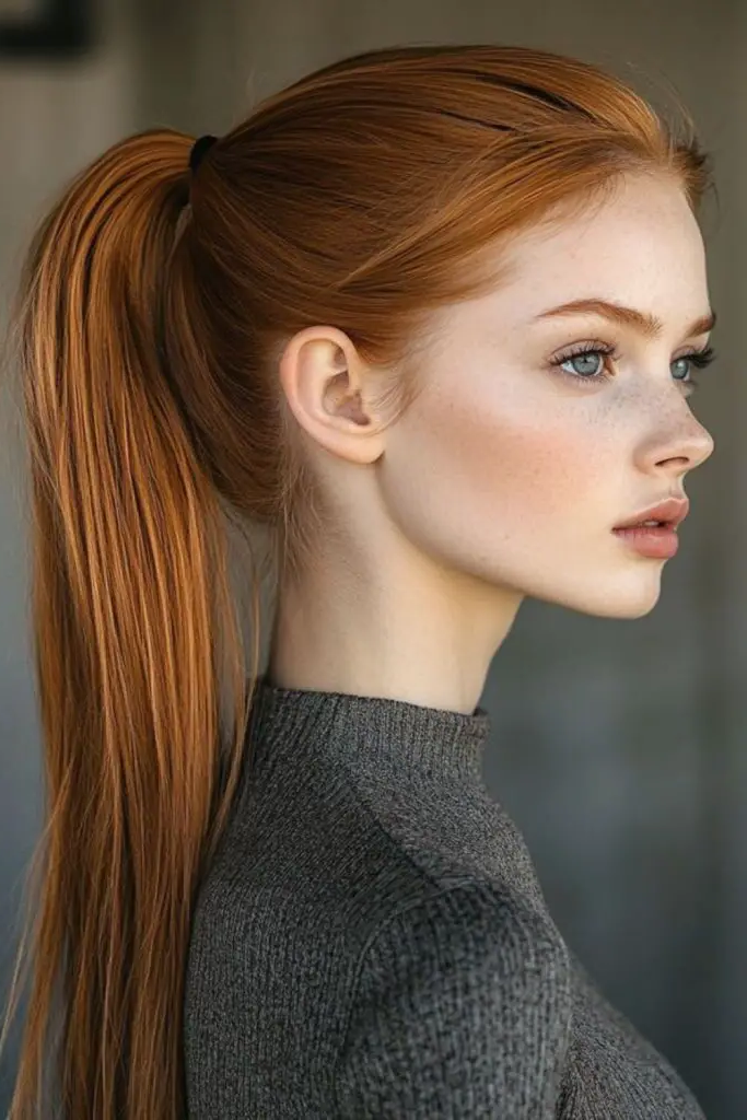 Sleek Copper Ponytail with Blonde Accents