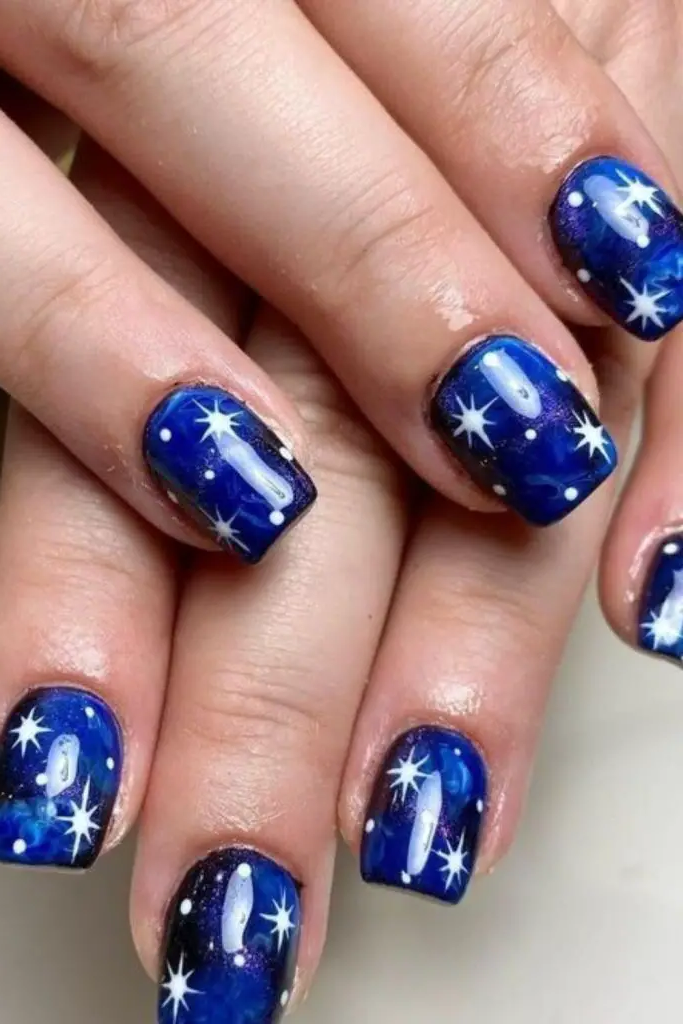 Deep Blue with Silver Stars Nail Design