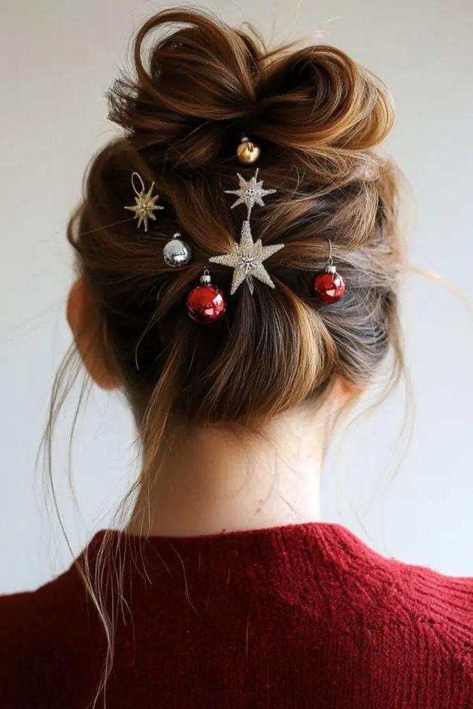 21. Messy Bun with Christmas Tree Pins