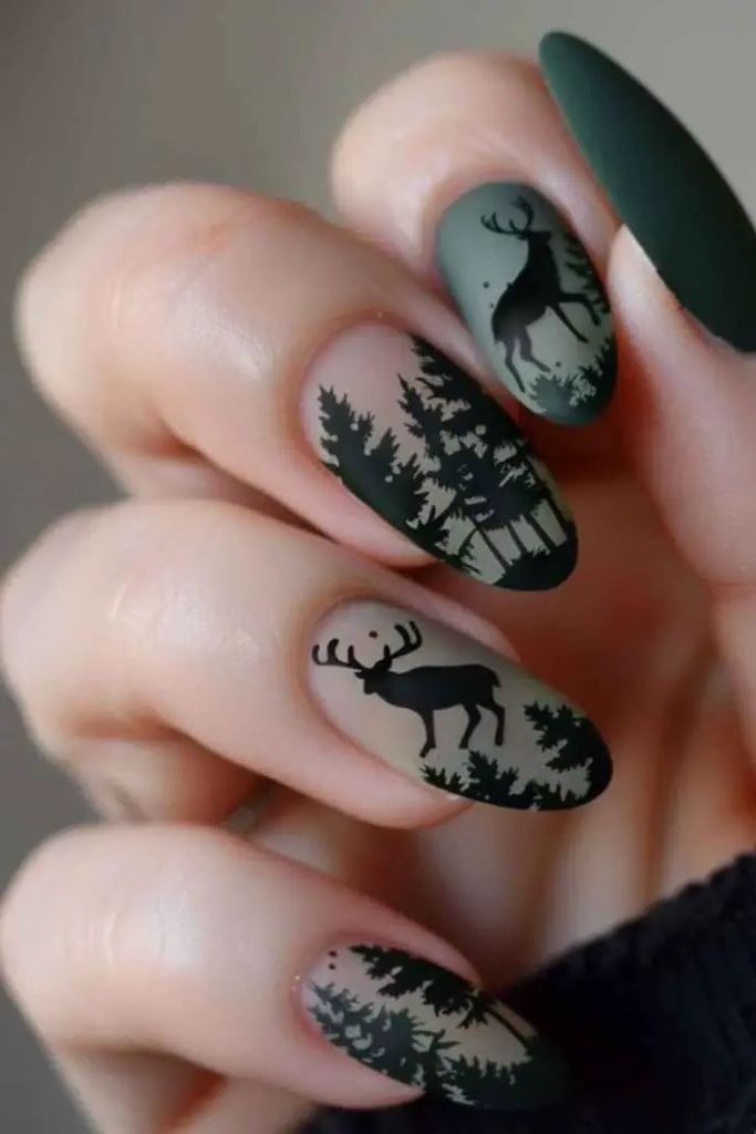 Forest Gold Silhouettes Nail Design