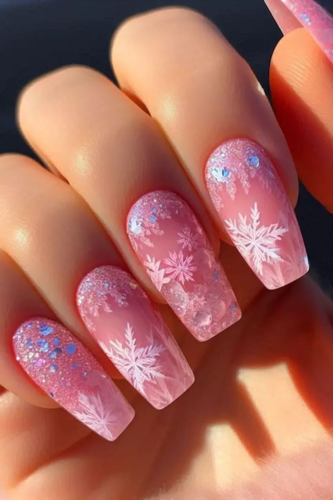 Pink Glitter Gradient with Snowflakes Design
