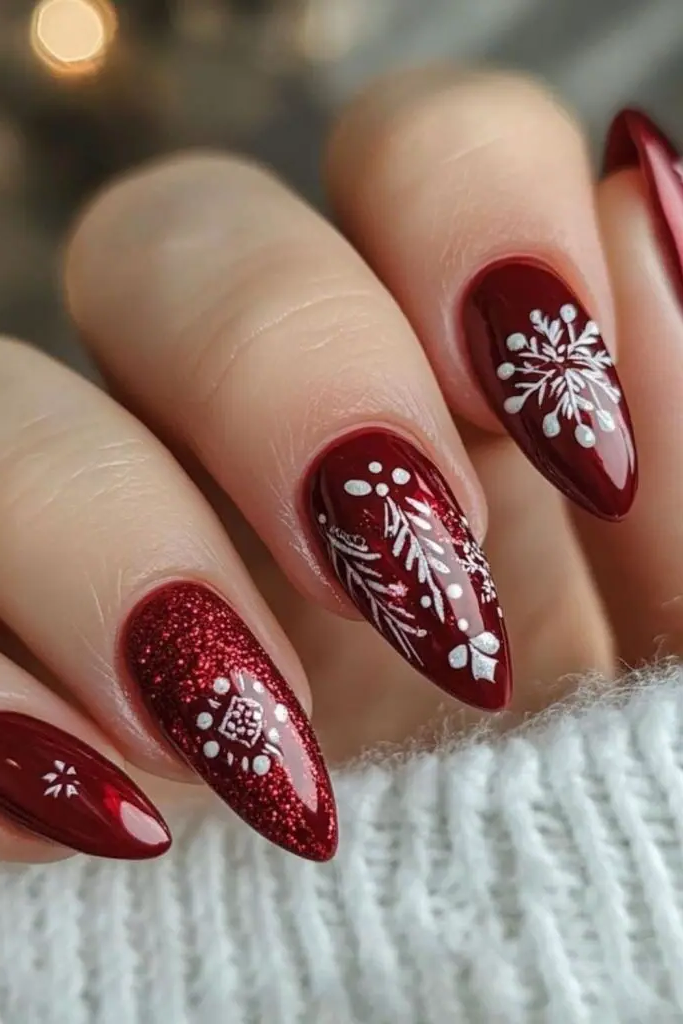Festive Red Snowflakes Nail Design