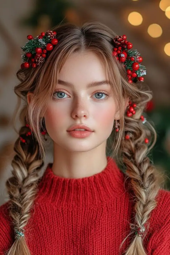 26. Double French Braids with Festive Tinsel