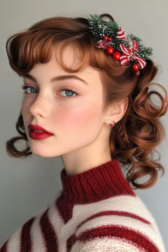 27. Voluminous Curls with Holiday Pins