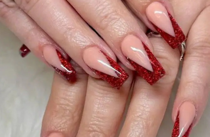 28.Crimson Glitter French Tips