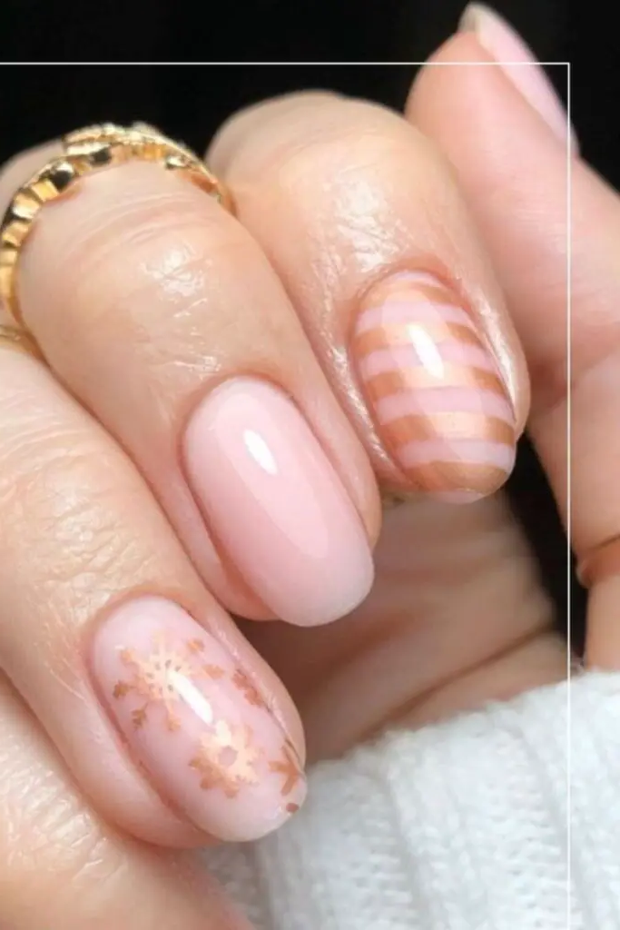Soft Peach with Gold Striping Nail Design