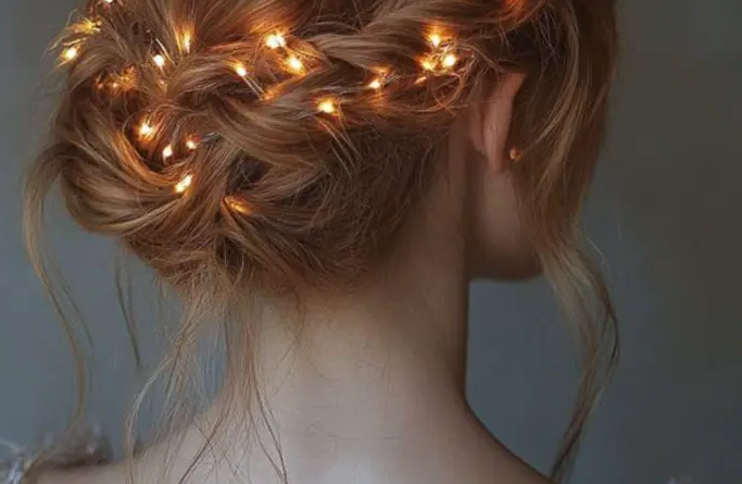 29. Braided Messy Updo with Christmas Lights