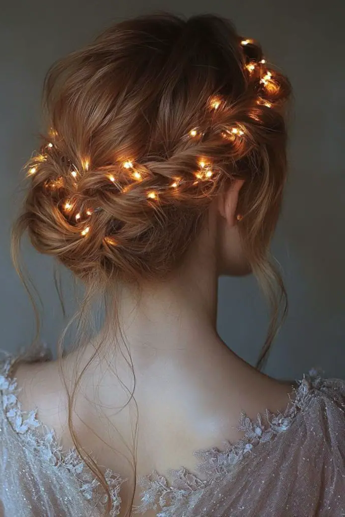 Braided Messy Updo with Christmas Lights