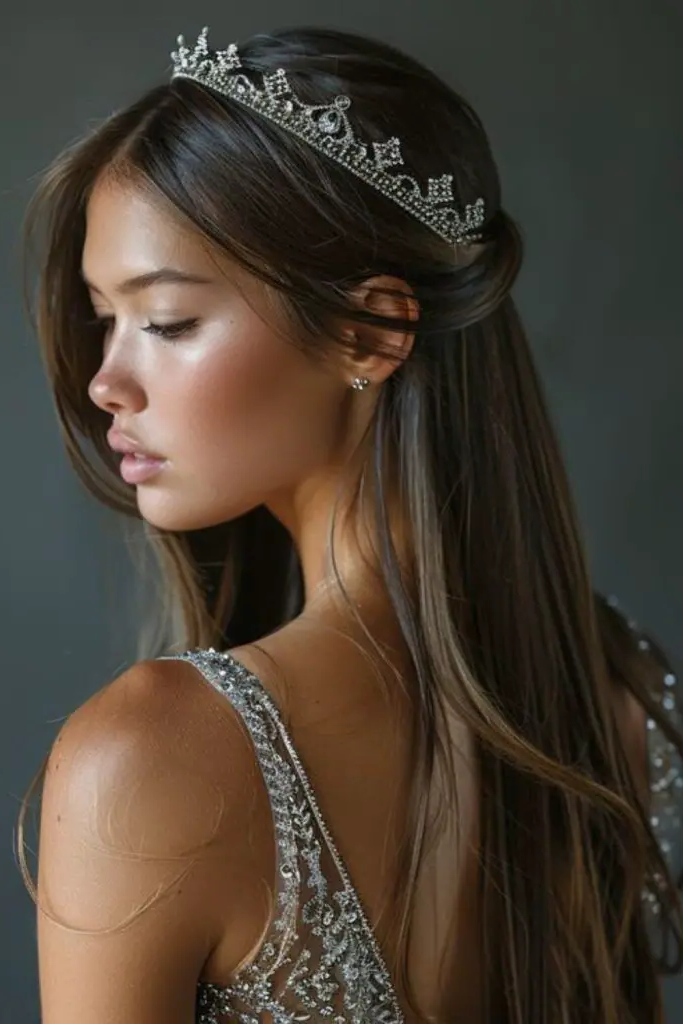 Soft and Shiny Straight Hair with Glittered Tiara