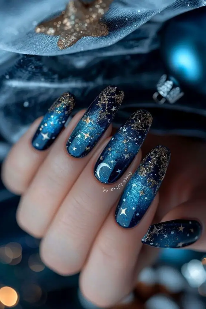 Glistening Starry Night Nail Design
