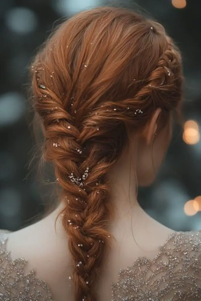 6. Fishtail Braid with Holiday Sparkle