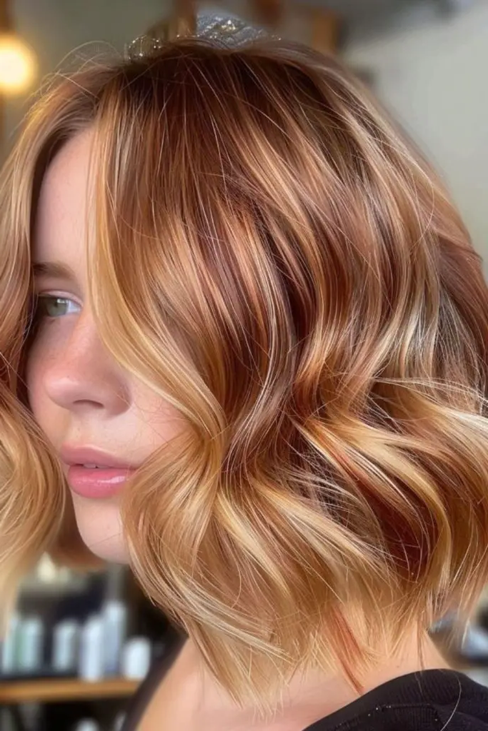 6. Wavy Copper Bob with Sandy Blonde Highlights