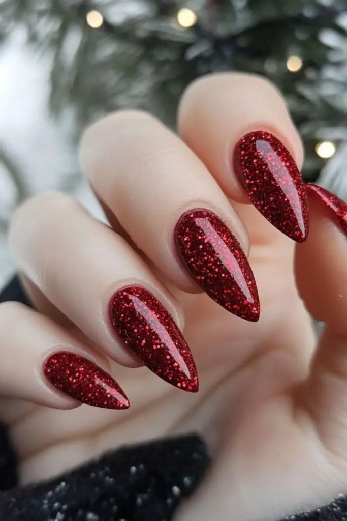 Festive Red Glitter Storm Nail Design